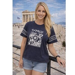 Vintage CYPRUS GREECE GREEK BABY TEE MYTHOLOGY BLUE SMALL T-Shirt CRUISE VACAY